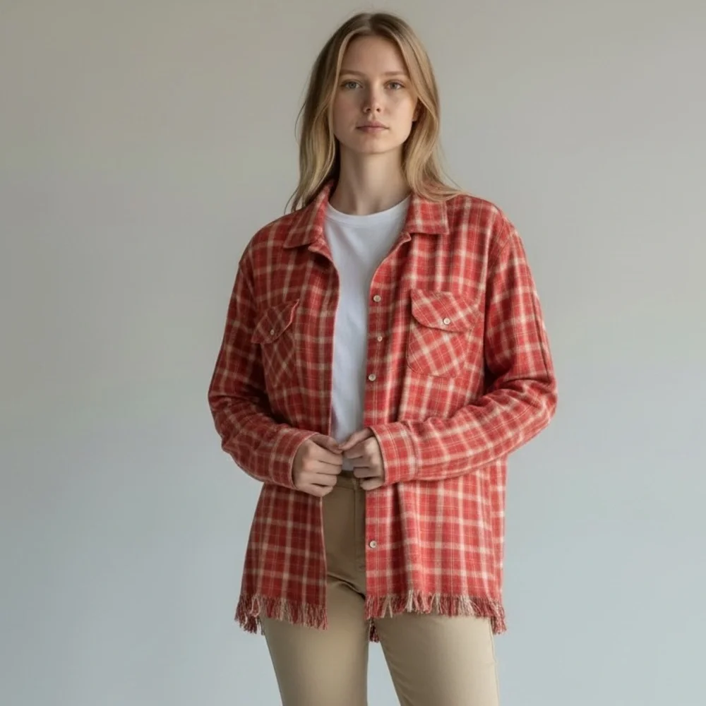 NWT Free People Found Red Plaid Fringe Hem Shirt Jacket Shacket XL Boho Western‎